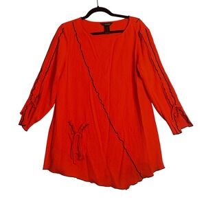 Ali Miles Tunic Top Size M 3/4 Sleeve Bow Trim Textured Knit Asymmetrical Artsy